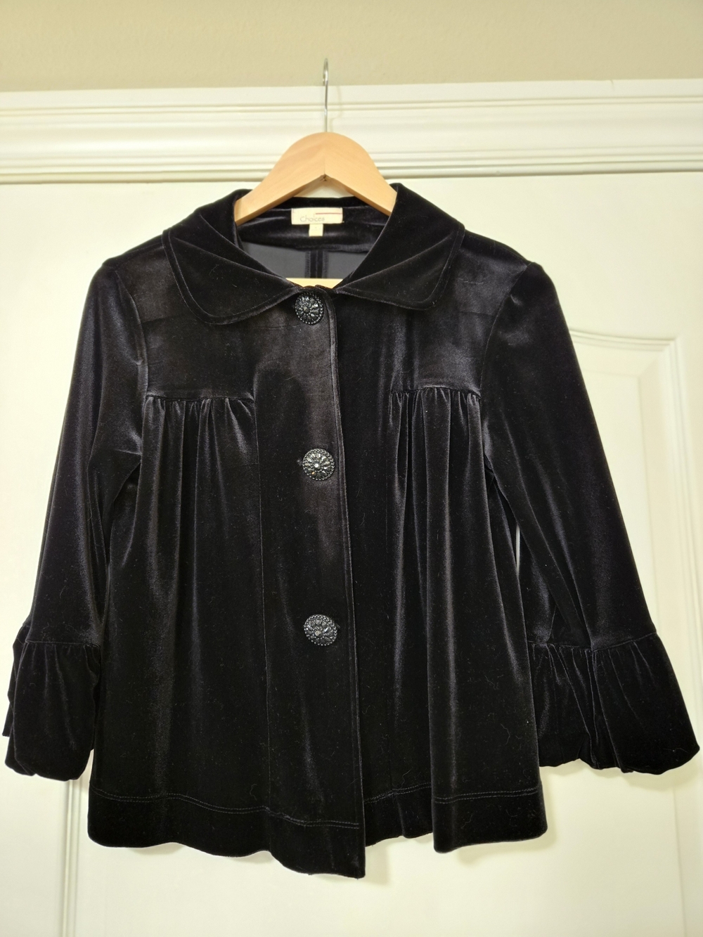 Choices Black Soft Velvet Button-Front Vintage Jacket Elegant Festive Layering